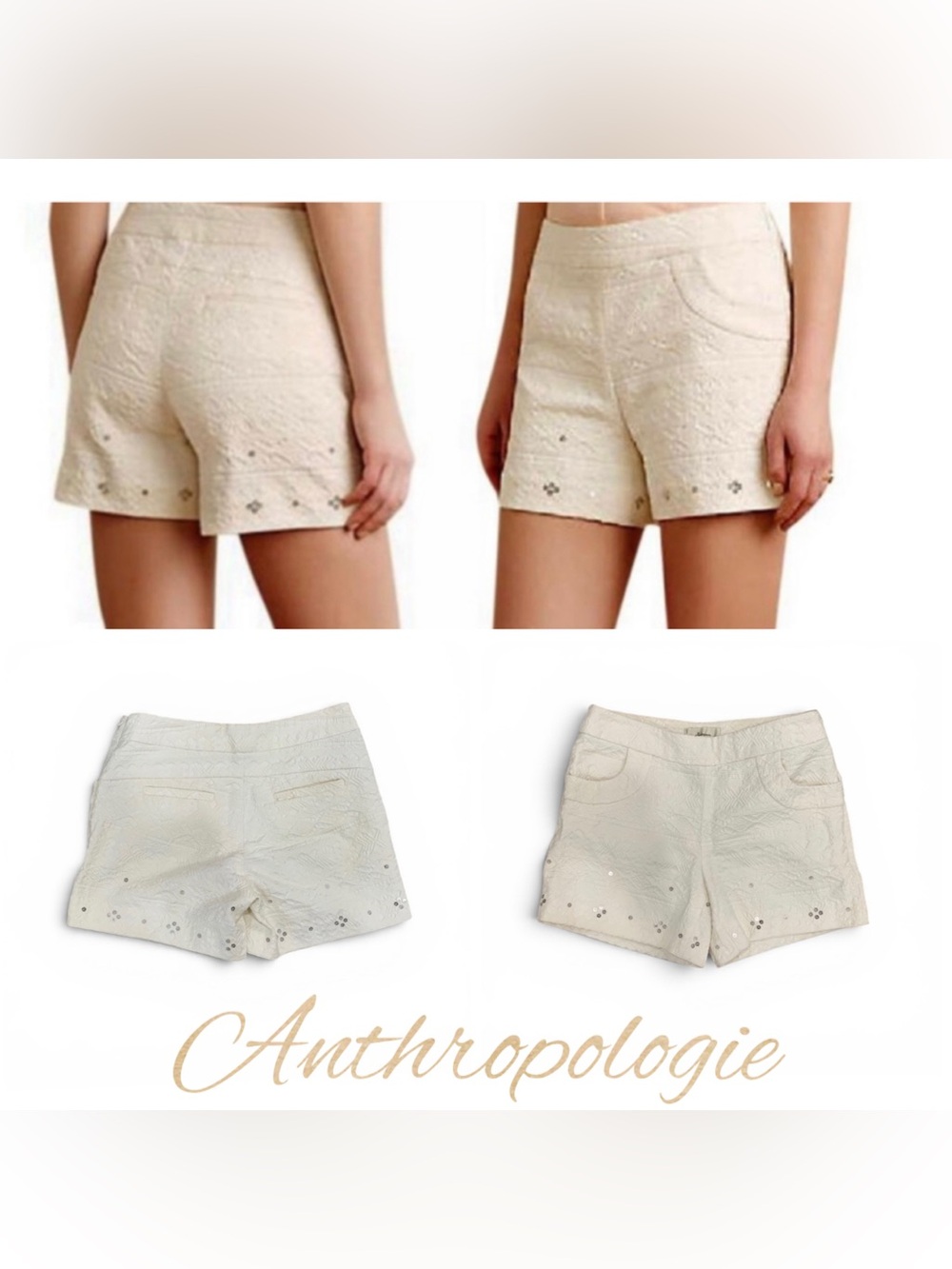 Anthropologie Elevenses Beyza Textured Cream Sequin Shorts Size 4